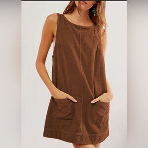 Corduroy Overall Sleeveless Brown Dress, Round Neck